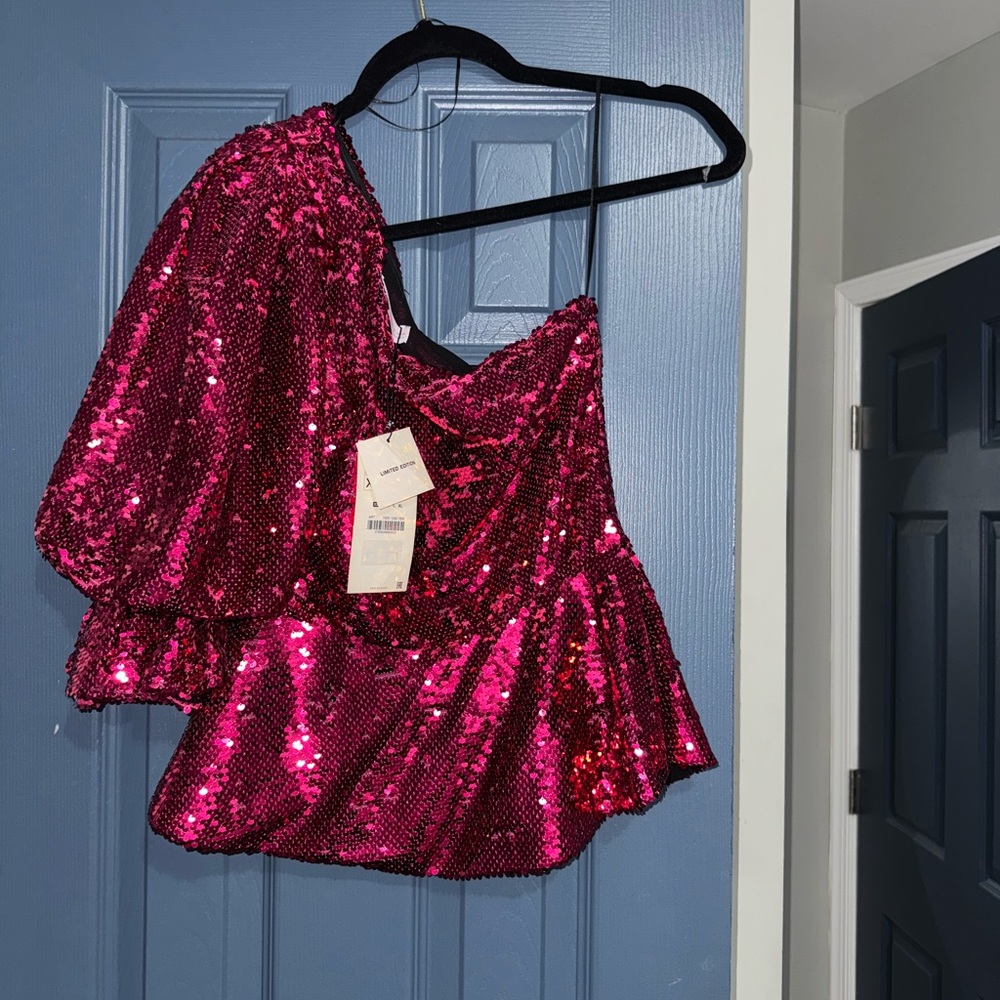 Zara limited edition Pink Sequin One-Shoulder Top